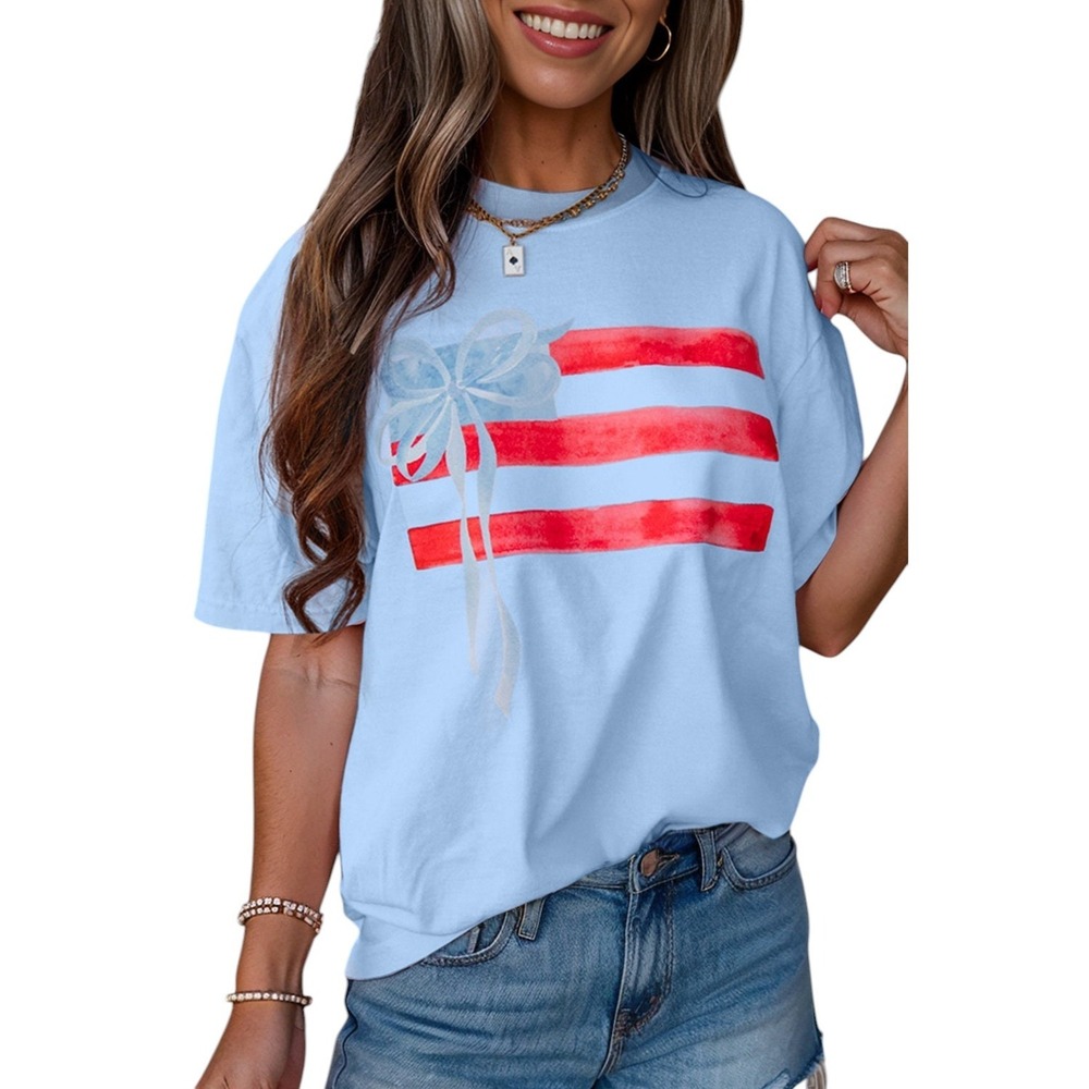 Light Blue Flag Bow Graphic Crewneck Top New Size Small